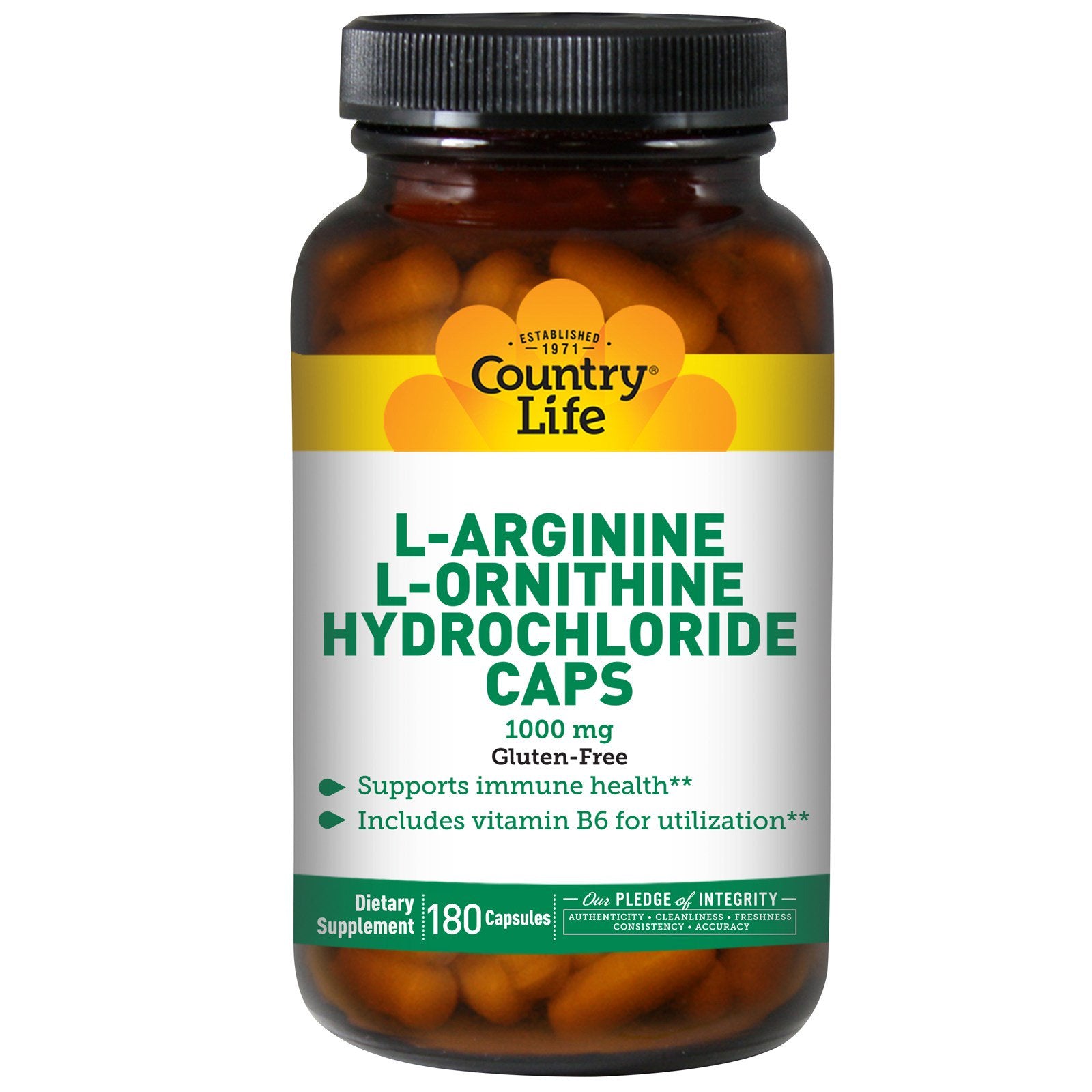 Country Life, L-Arginine & L-Ornithine Hydrochloride Caps, 1,000 mg, 180 Capsules