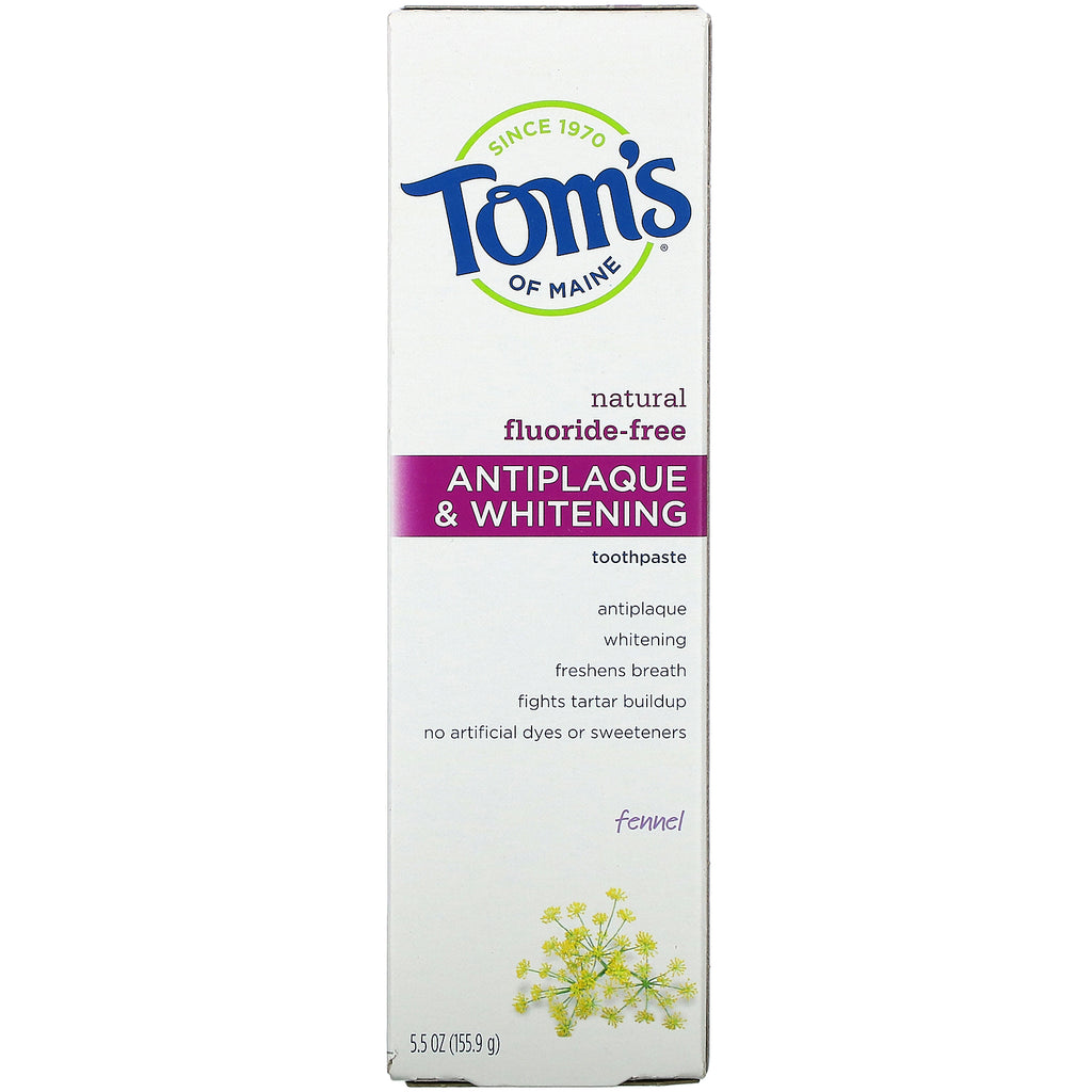 Tom's of Maine, Natural Antiplak &amp; Whitening Tandpasta, Fluor-fri, Fennikel, 5,5 oz (155,9 g)