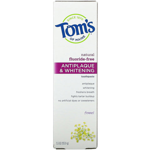 Tom's of Maine, Natural Antiplak & Whitening Tandpasta, Fluor-fri, Fennikel, 5,5 oz (155,9 g)