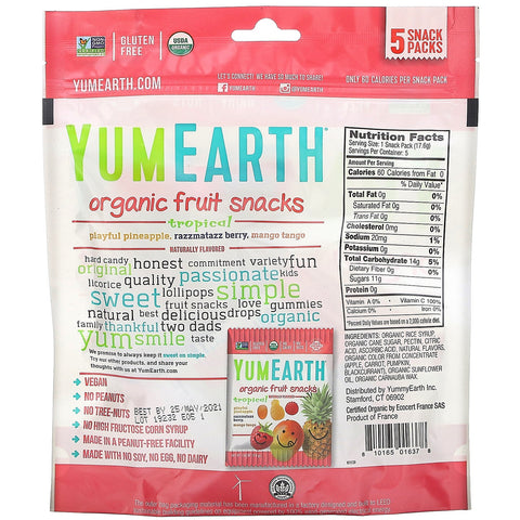 YumEarth, bocadillos de frutas, tropicales, 5 paquetes, 0,62 oz (17,6 g) cada uno