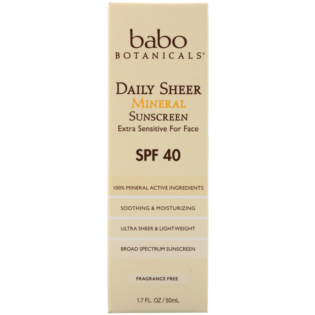 Babo Botanicals, Protector solar mineral transparente diario, SPF 40, 50 ml (1,7 oz. líq.)