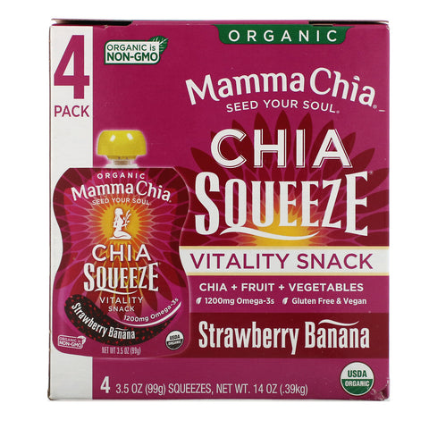 Mamma Chia, Organic Chia Squeeze, Vitality Snack, Strawberry Banana, 4 Squeezes, 3.5 oz (99 g) Each