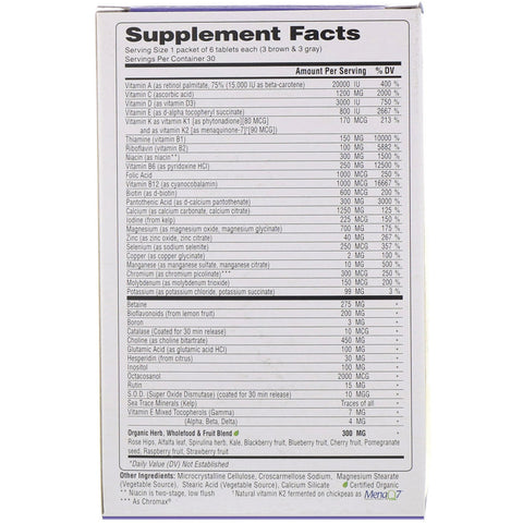 Supernæring, Opti-Energy Pack, Multivitamin/Mineraltilskud, jernfri, 30 pakker (6 Tabs hver)
