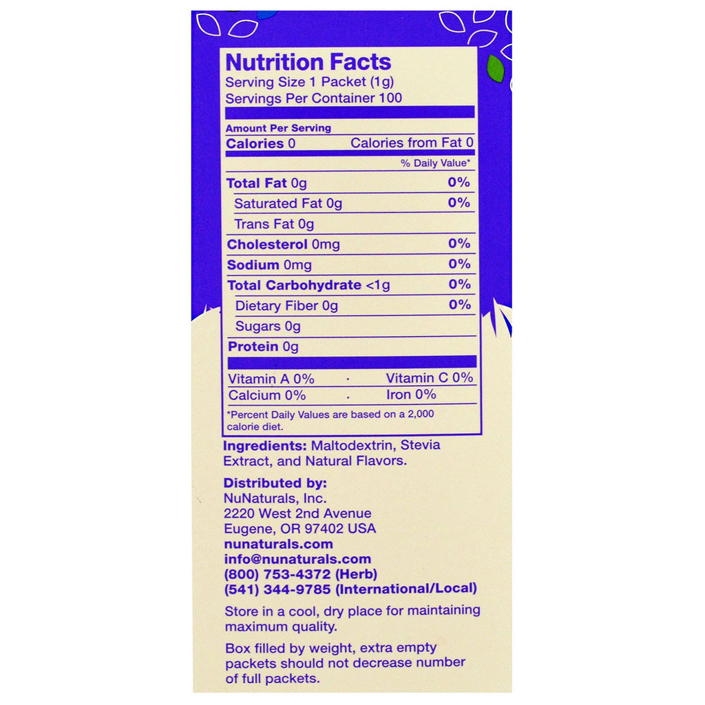 NuNaturals, NuStevia, Hvidt Stevia-pulver, 100 pakker, 3,5 oz (100 g)