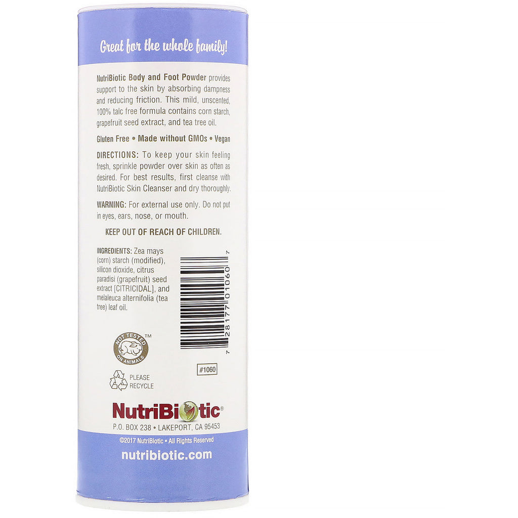 NutriBiotic, Body &amp; Foot Powder med Grapefrugtfrøekstrakt og Tea Tree Oil, uparfumeret, 4 oz (113 g)