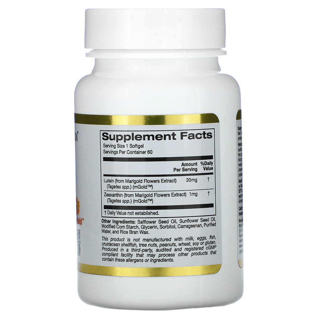 California Gold Nutrition, luteína con zeaxantina, 20 mg, 60 cápsulas blandas vegetales