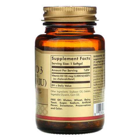 Solgar, vitamina D3 (colecalciferol), 125 mcg (5000 UI), 100 cápsulas blandas