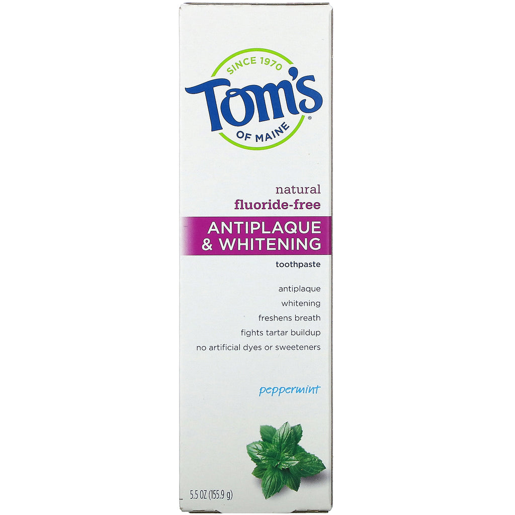 Tom's of Maine, Natural Antiplak &amp; Whitening Tandpasta, Fluoridfri, Pebermynte, 5,5 oz (155,9 g)