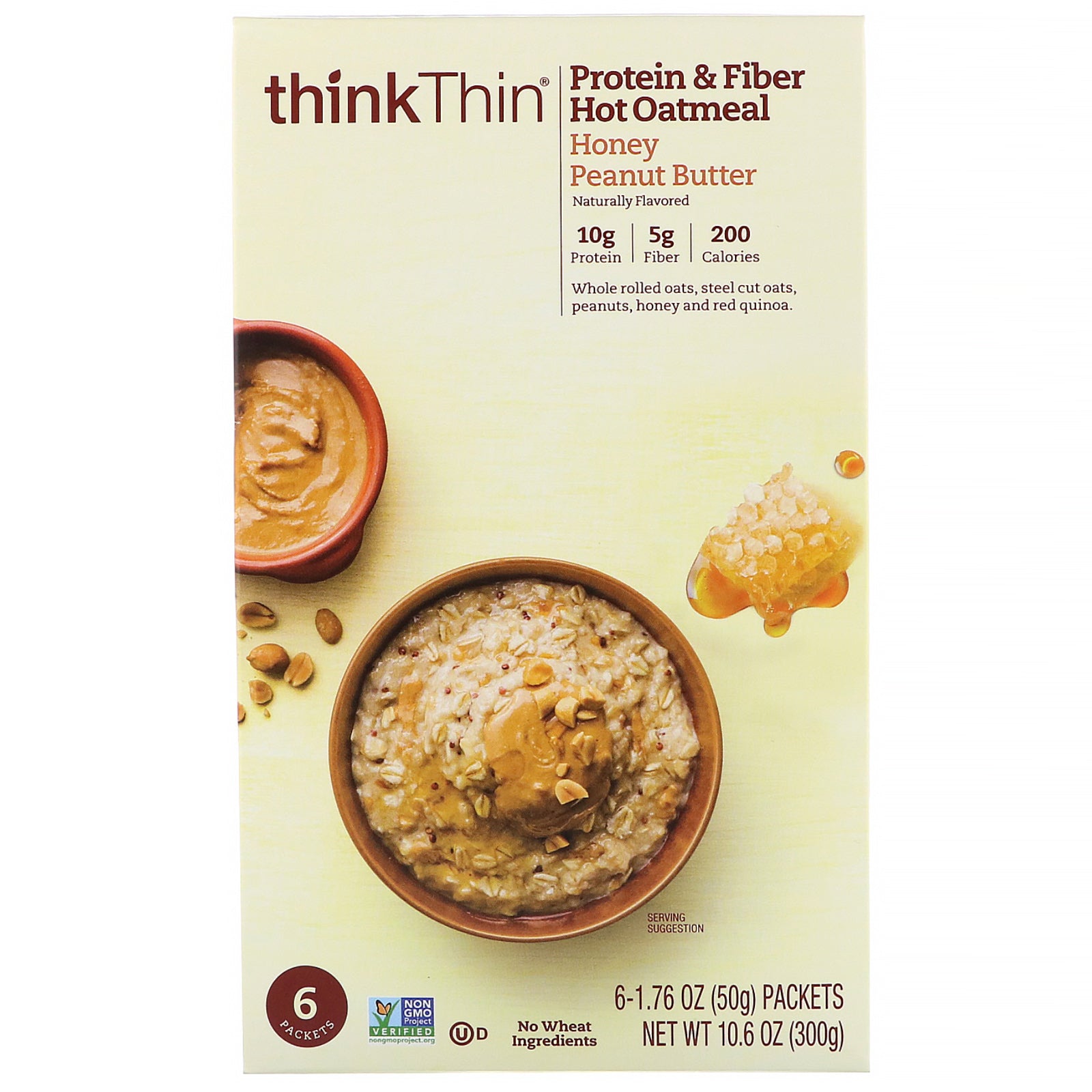 ThinkThin, Protein & Fiber Hot Oatmeal, Honey Peanut Butter, 6 Packets, 1.76 oz (50 g ) Each