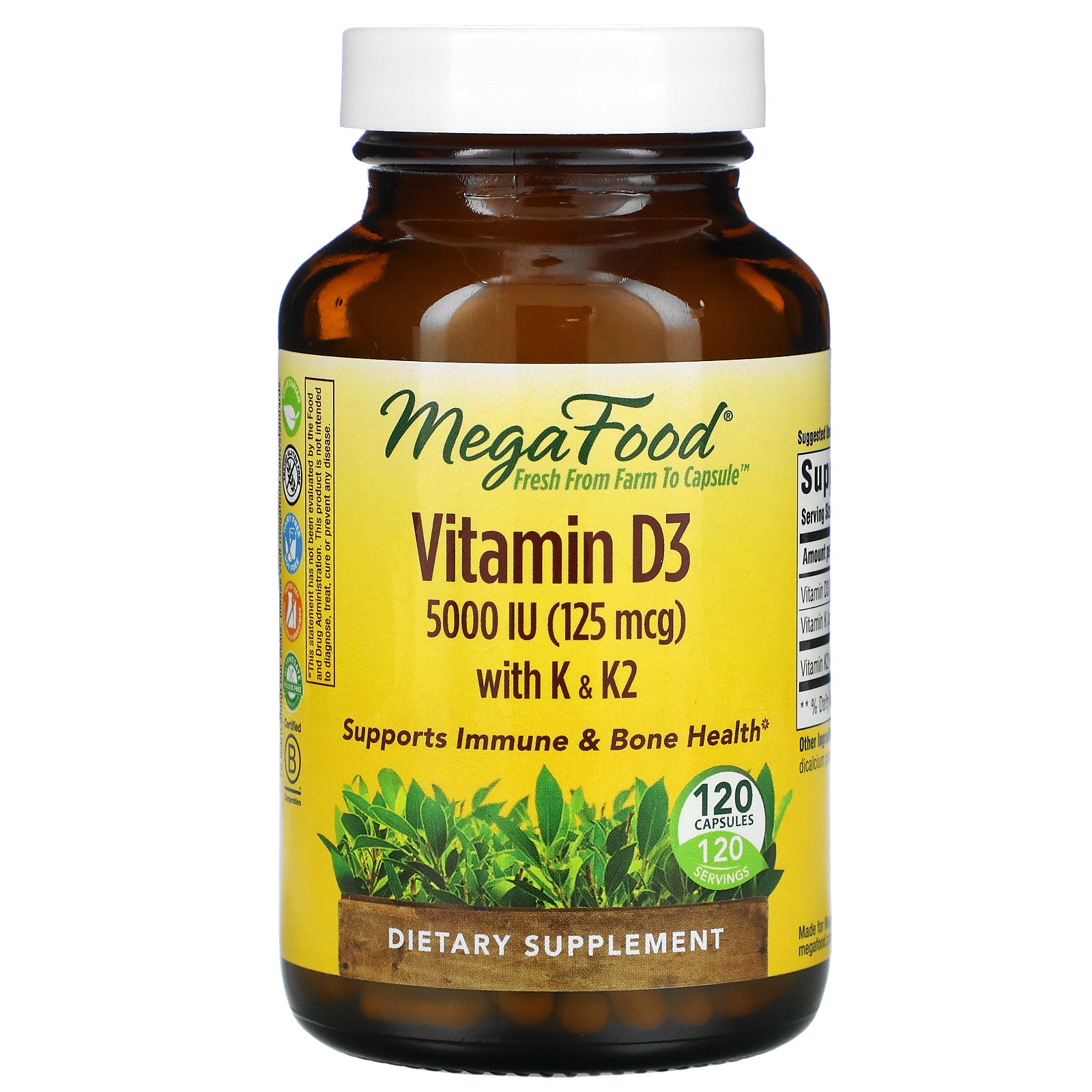 MegaFood, Vitamin D3 with K & K2, 5,000 IU (125 mcg), 120 Capsules