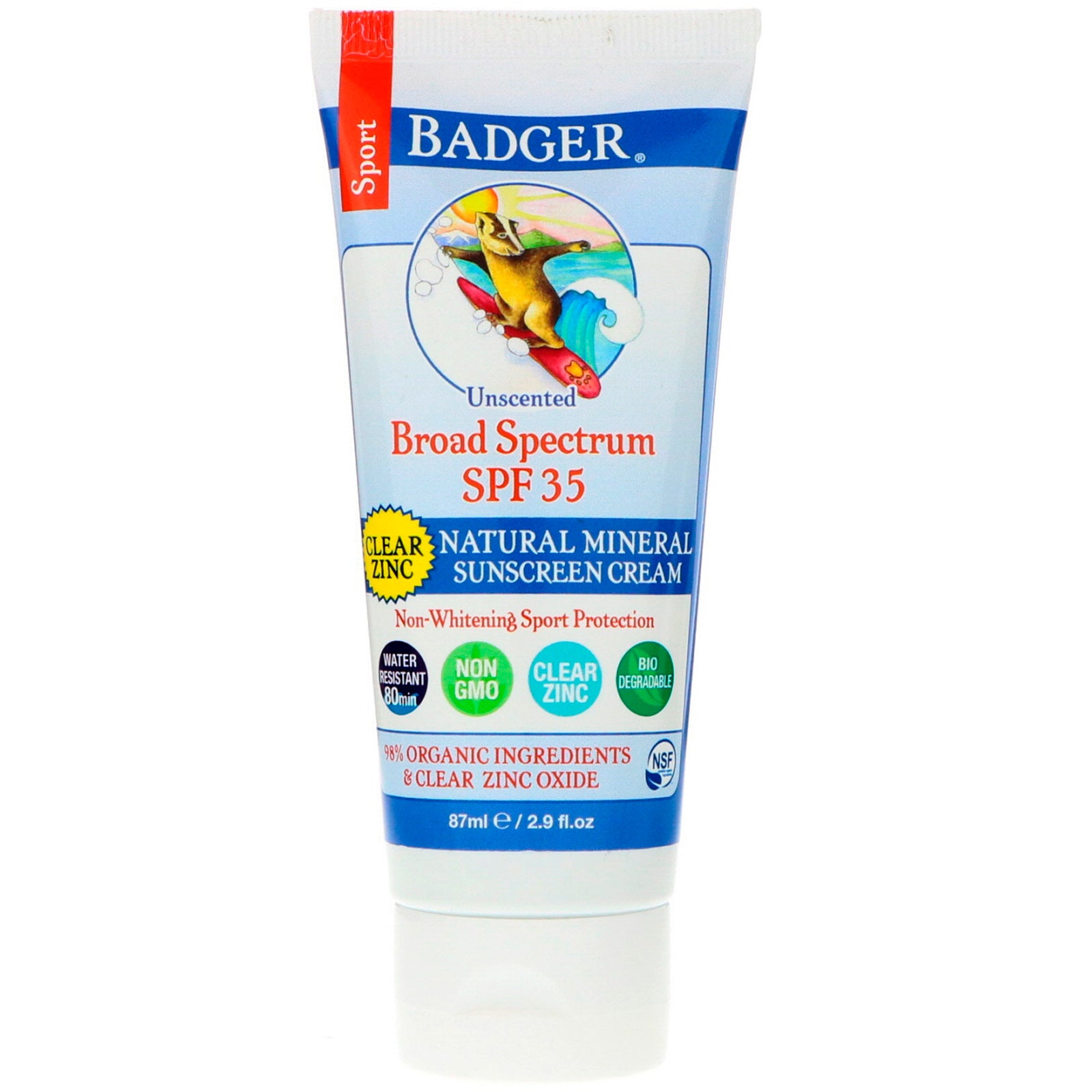Badger Company, Sport, Natural Mineral Sunscreen Cream, Clear Zinc, SPF 35, Unscented, 2.9 fl oz (87 ml)