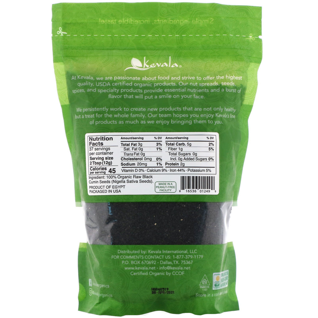 Kevala, Semillas de comino negro, crudas, 16 oz (454 g)
