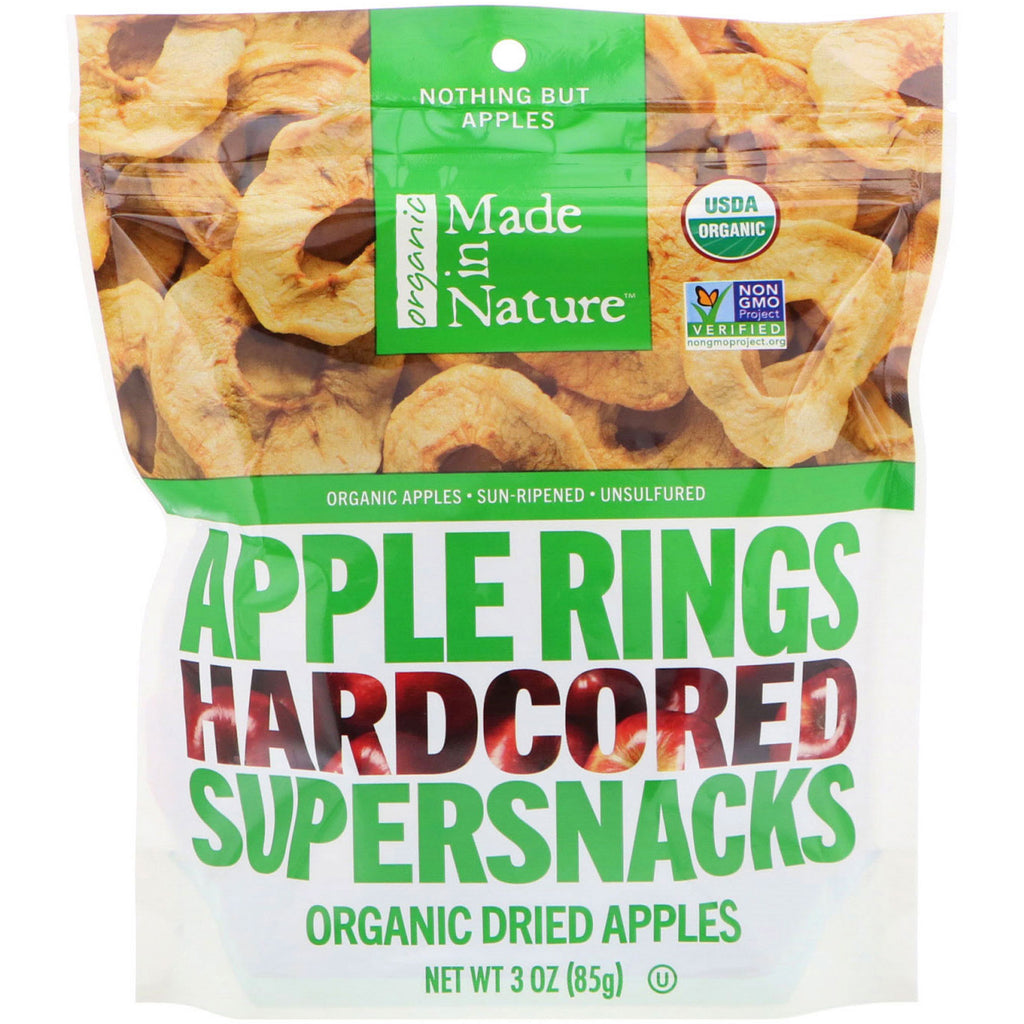 Made in Nature, Organic Dried Apple Rings, Hardcored Supersnacks, 3 oz (85 g)