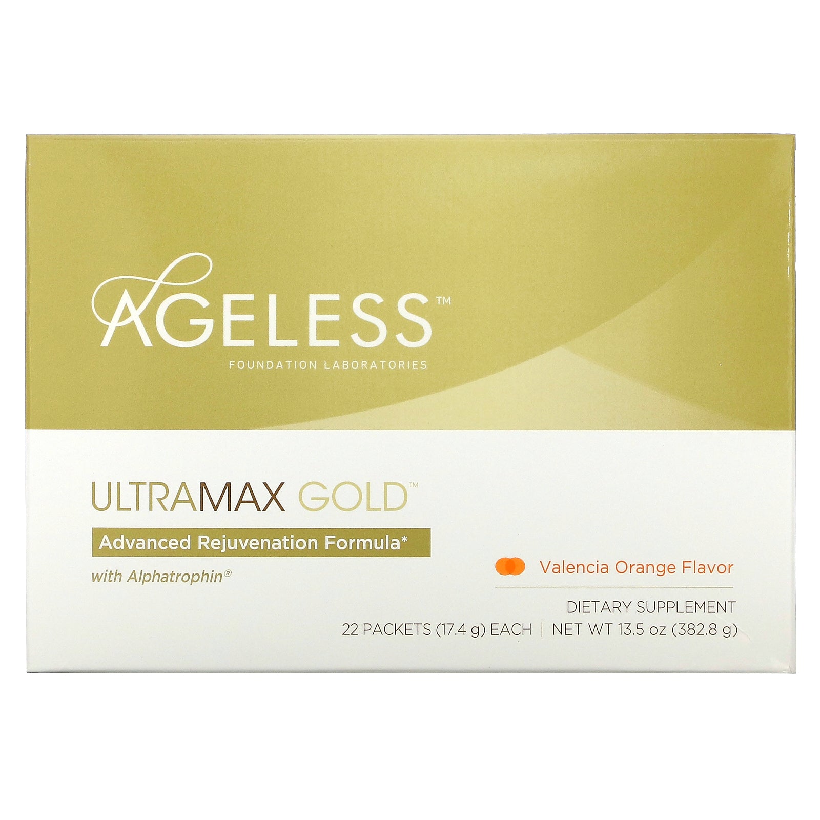 Ageless Foundation Laboratories, UltraMax Gold, Advanced Rejuvenation Formula with Alphatrophin, Valencia Orange Flavor, 22 Packets, 17.4 g Each