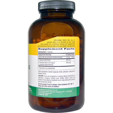 Country Life, Cápsulas de clorhidrato de L-arginina y L-ornitina, 1000 mg, 180 cápsulas