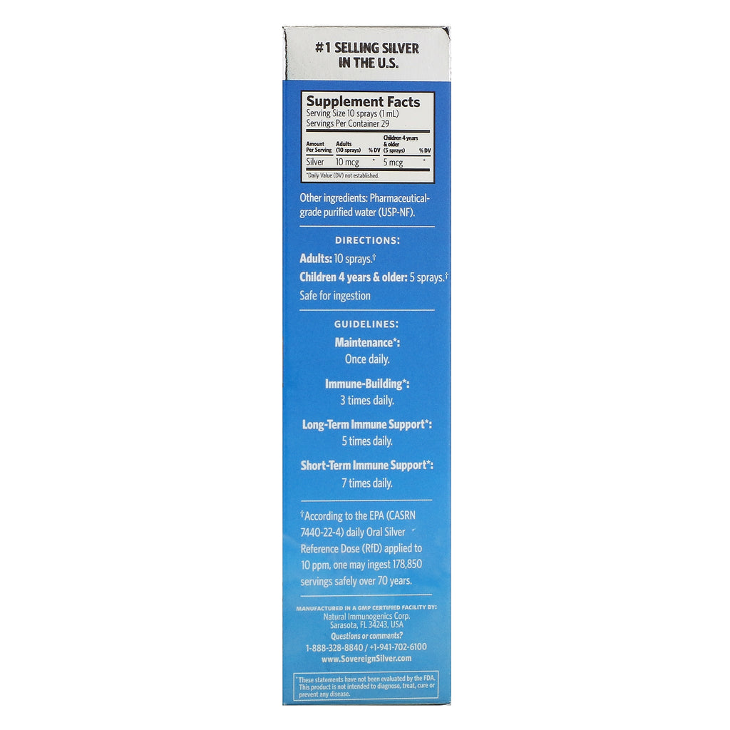 Sovereign Silver, Hidrosol de plata bioactivo, aerosol vertical, 10 ppm, 29 ml (1 oz. líq.)