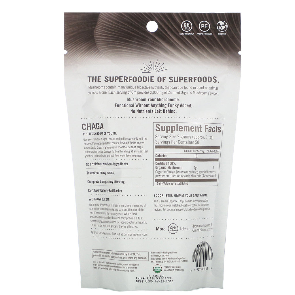 Om Mushrooms, Chaga, Certified 100%  Mushroom Powder, 3.5 oz (100 g)