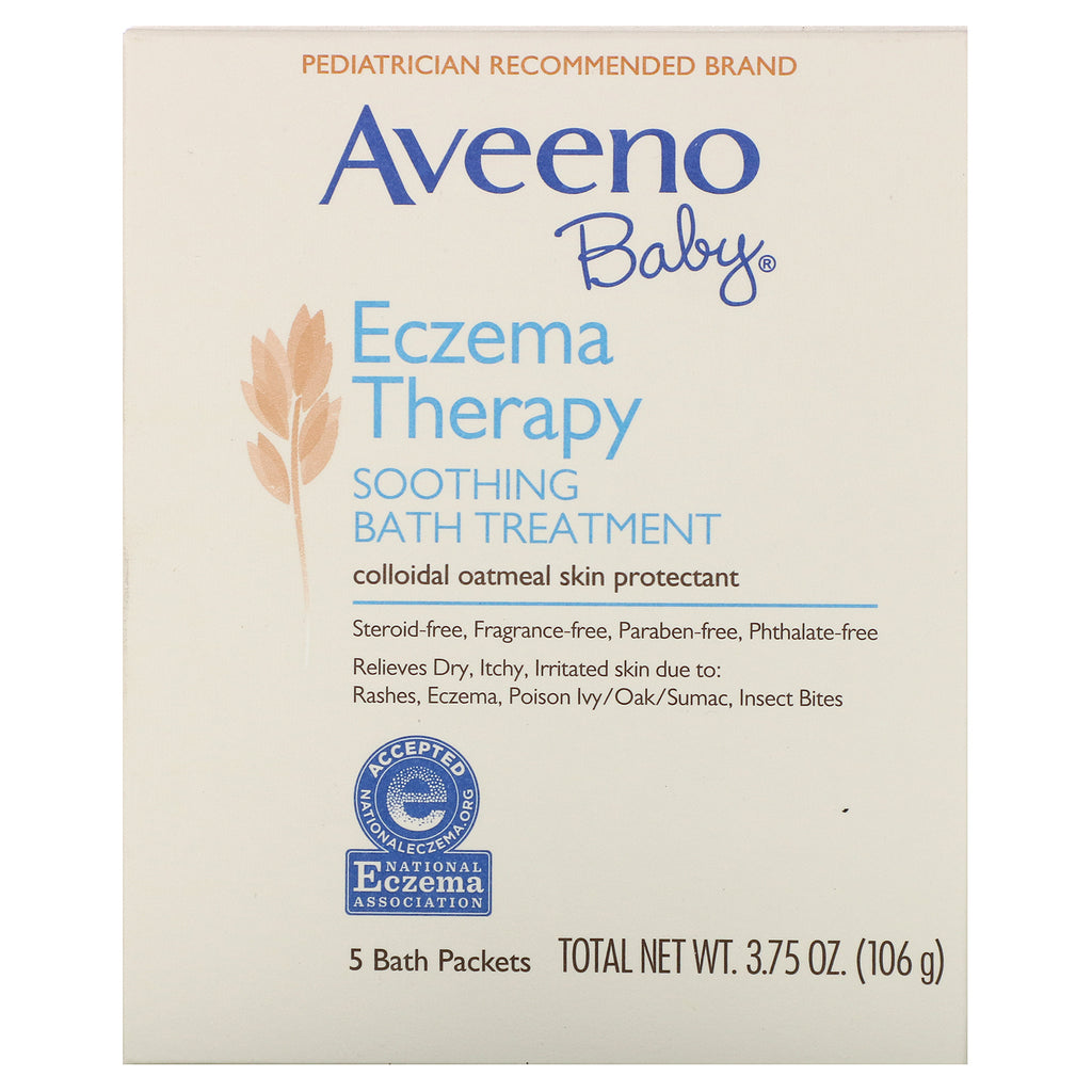 Aveeno, baby, eksemterapi, beroligende badebehandling, parfumefri, 5 badepakker, 3,75 oz (106 g)