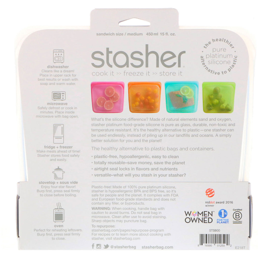 Stasher, Bolsa de silicona reutilizable para alimentos, tamaño sándwich mediano, transparente, 15 fl oz (450 ml)