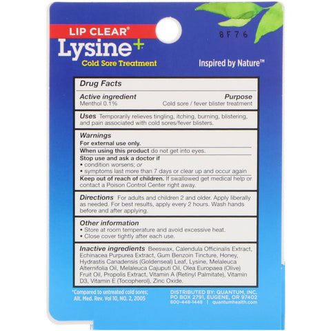 Quantum Health, Lip Clear Lysine+, behandling af forkølelsessår, 7 g (0,25 oz)