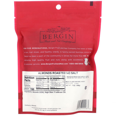 Bergin Fruit and Nut Company, mandler ristede, uden salt, 7 oz (198 g)