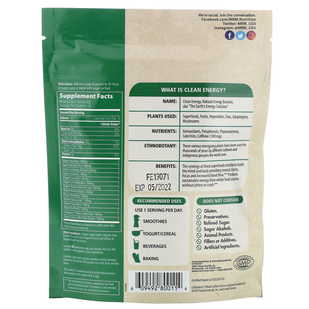 MRM, Raw Clean Energy Powder, frugtpunch, 4,2 oz (120 g)