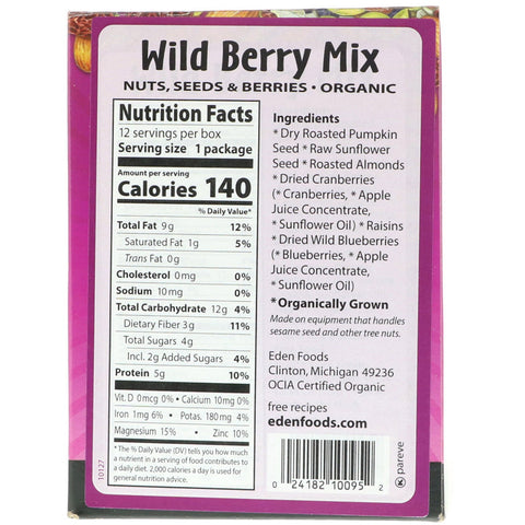 Eden Foods, Pocket Snacks, Wild Berry Mix, 12 pakker, 1 oz (28,3 g) hver