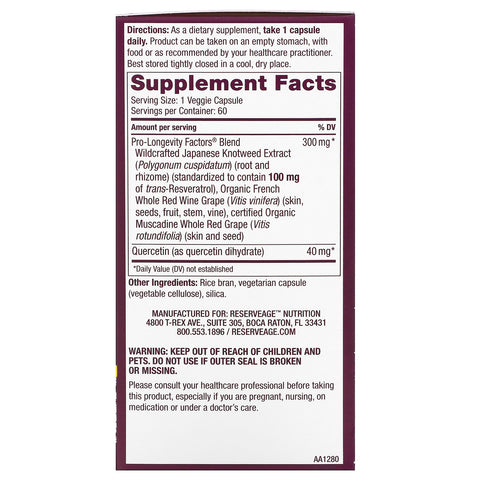 ReserveAge Nutrition, Resveratrol, 100 mg, 60 Veggie-kapsler
