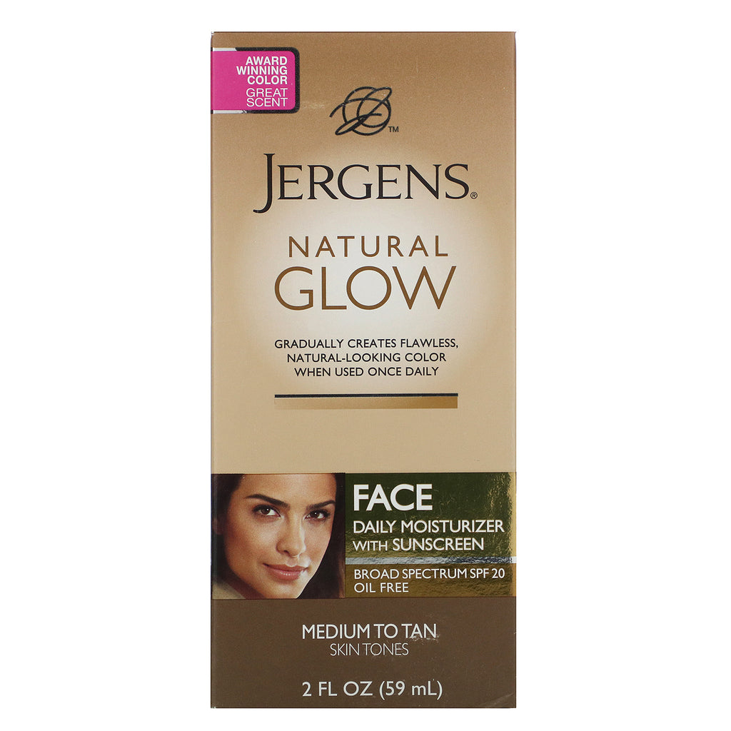 Jergens, Natural Glow, humectante facial diario, SPF 20, bronceado medio a bronceado, 2 fl oz (59 ml)