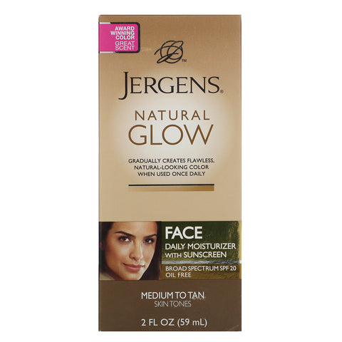 Jergens, Natural Glow, humectante facial diario, SPF 20, bronceado medio a bronceado, 2 fl oz (59 ml)