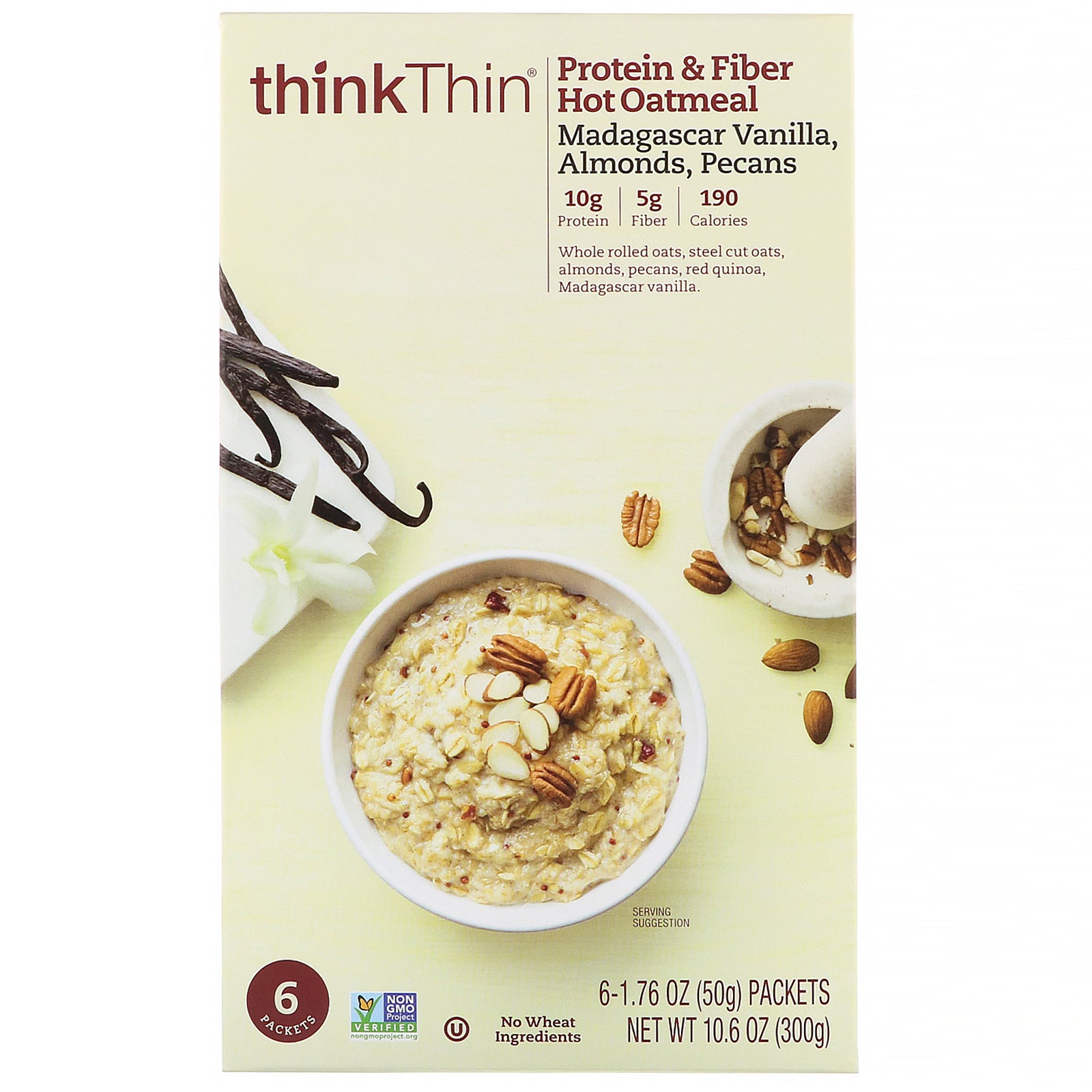 ThinkThin, Protein & Fiber Hot Oatmeal, Madagascar Vanilla, Almonds, Pecans, 6 Packets, 1.76 oz (50 g ) Each