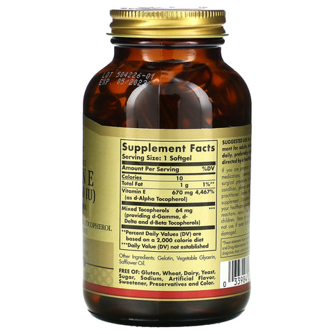 Solgar, vitamina E de fuente natural, 670 mg (1000 UI), 100 cápsulas blandas