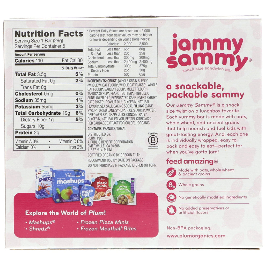 Plum s, Jammy Sammy, mantequilla de maní y uva, 5 barras, 29 g (1,02 oz) cada una