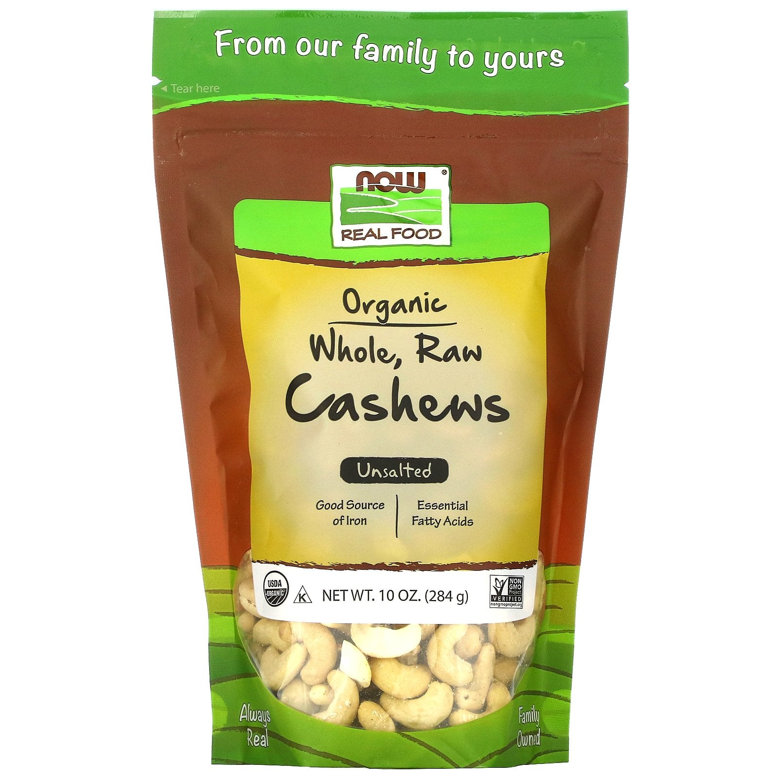Now Foods, Real Food Organic, Whole, Raw Cashews, Unsalted, 10 oz (284 g)