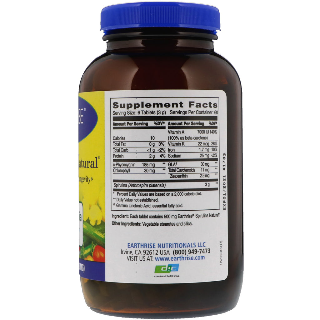 Earthrise, Spirulina Natural, 500 mg, 360 tabletter