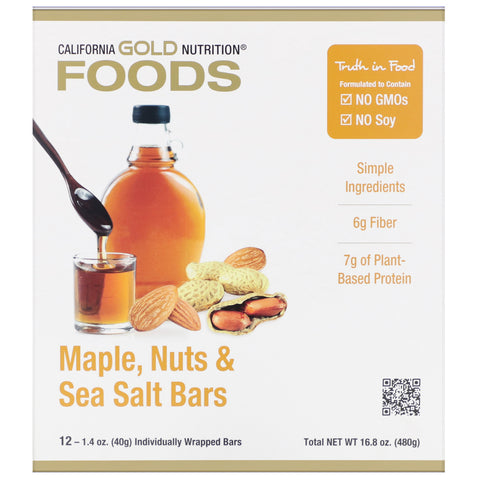 California Gold Nutrition, fødevarer, ahorn, nødder og havsaltbarer, 12 barer, 1,4 oz (40 g) hver