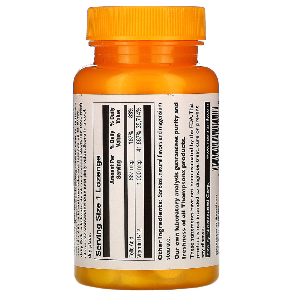 Thompson, pastilla B12, sabor natural a cereza, 1000 mcg, 30 pastillas