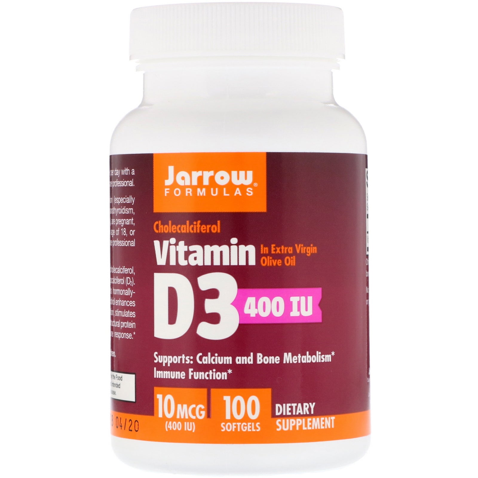 Jarrow Formulas, Vitamin D3, Cholecalciferol, 400 IU, 100 Softgels