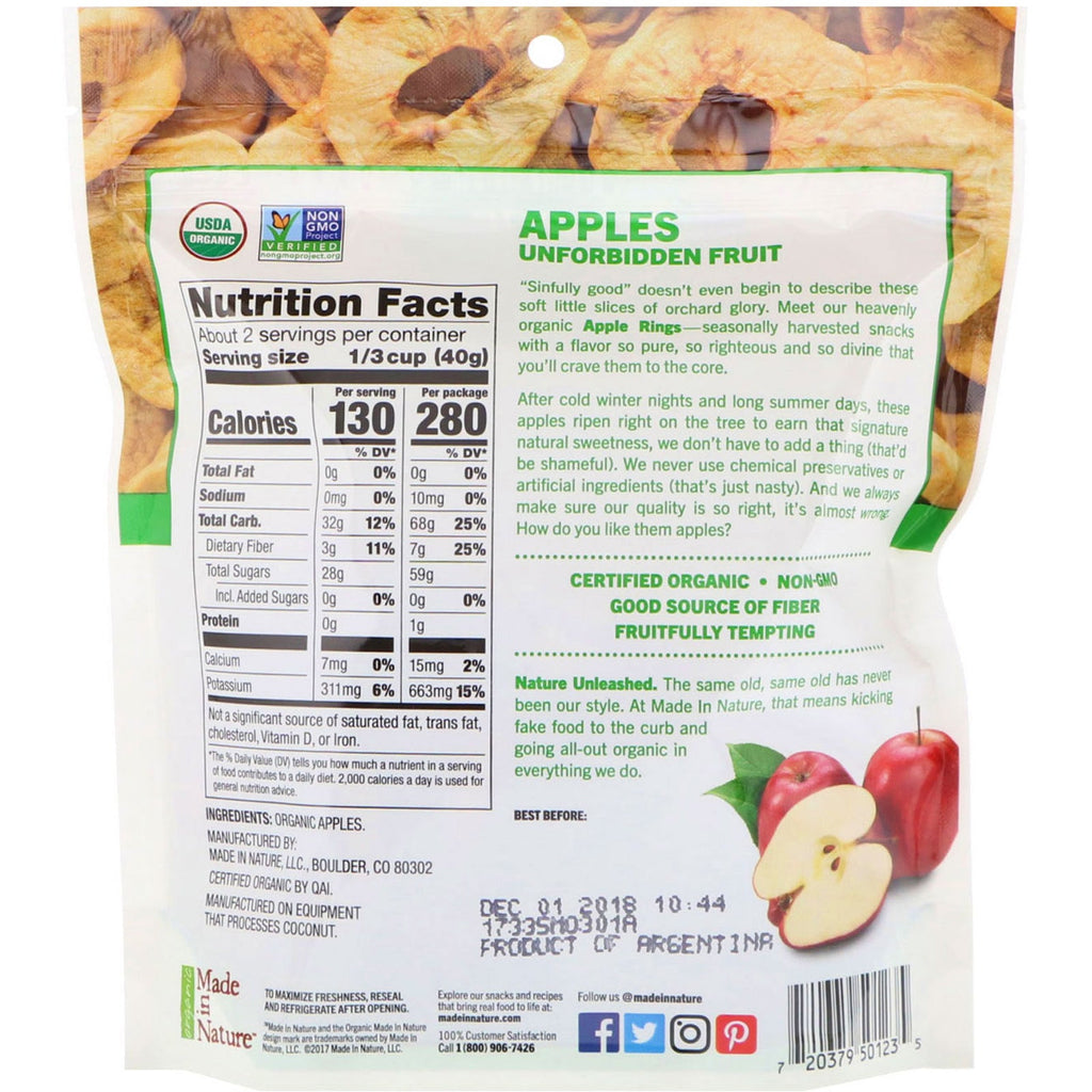 Made in Nature, Aros de manzana secos, Supersnacks incondicionales, 3 oz (85 g)