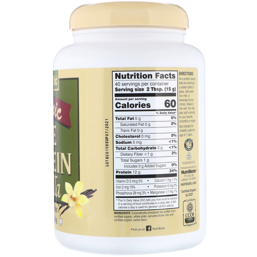 NutriBiotic, Proteína de arroz crudo, vainilla, 600 g (1,3 lbs)