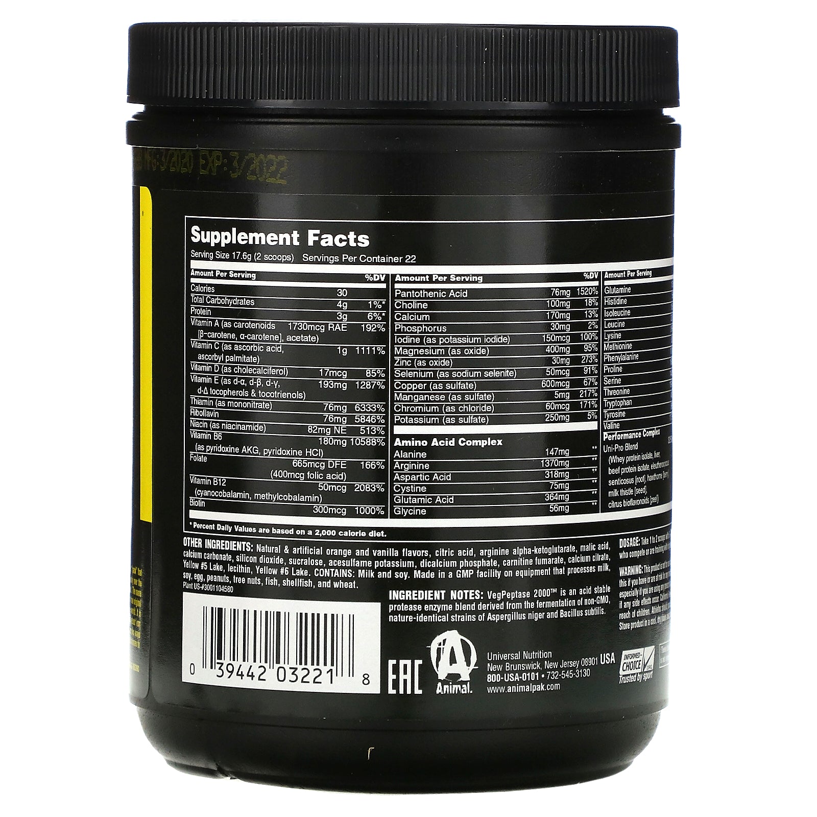 Universal Nutrition, Animal Pak, Training Powder, Orange Flavor, 388 g