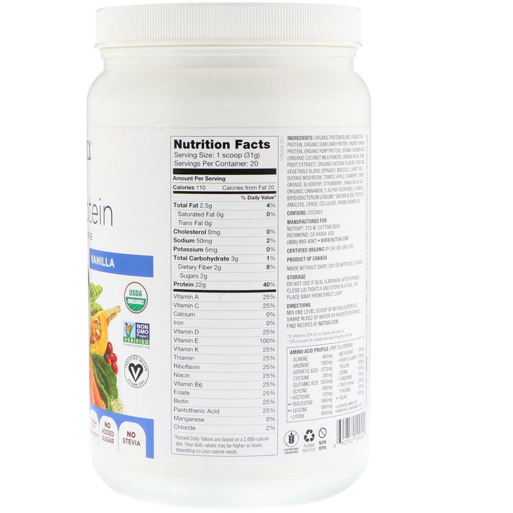 Nutiva, planteprotein, vanilje, 1,4 lb (620 g)