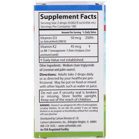 Carlson Labs, flydende vitaminer, Super Daily D3+K2, 50 mcg (2.000 IE) & 45 mcg, 0,34 fl oz (10,16 ml)