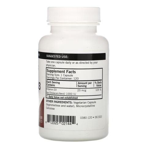 Kirkman Labs, vitamina D-3, 25 mcg (1000 UI), 120 cápsulas